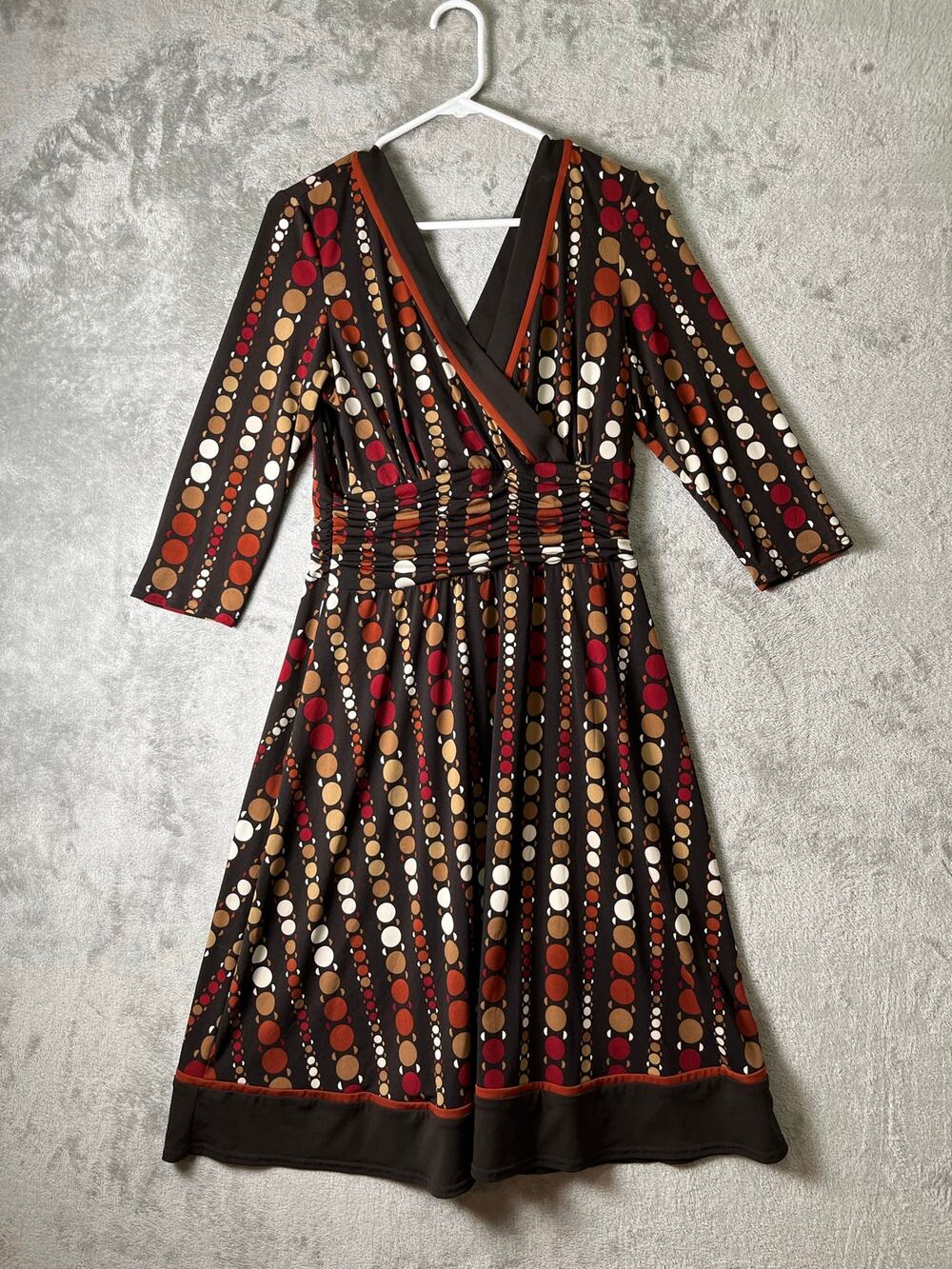 Vintage Retro Mod Polka Dot Surplice Fit & Flare Midi Dress Boho Fall 70s Chic M